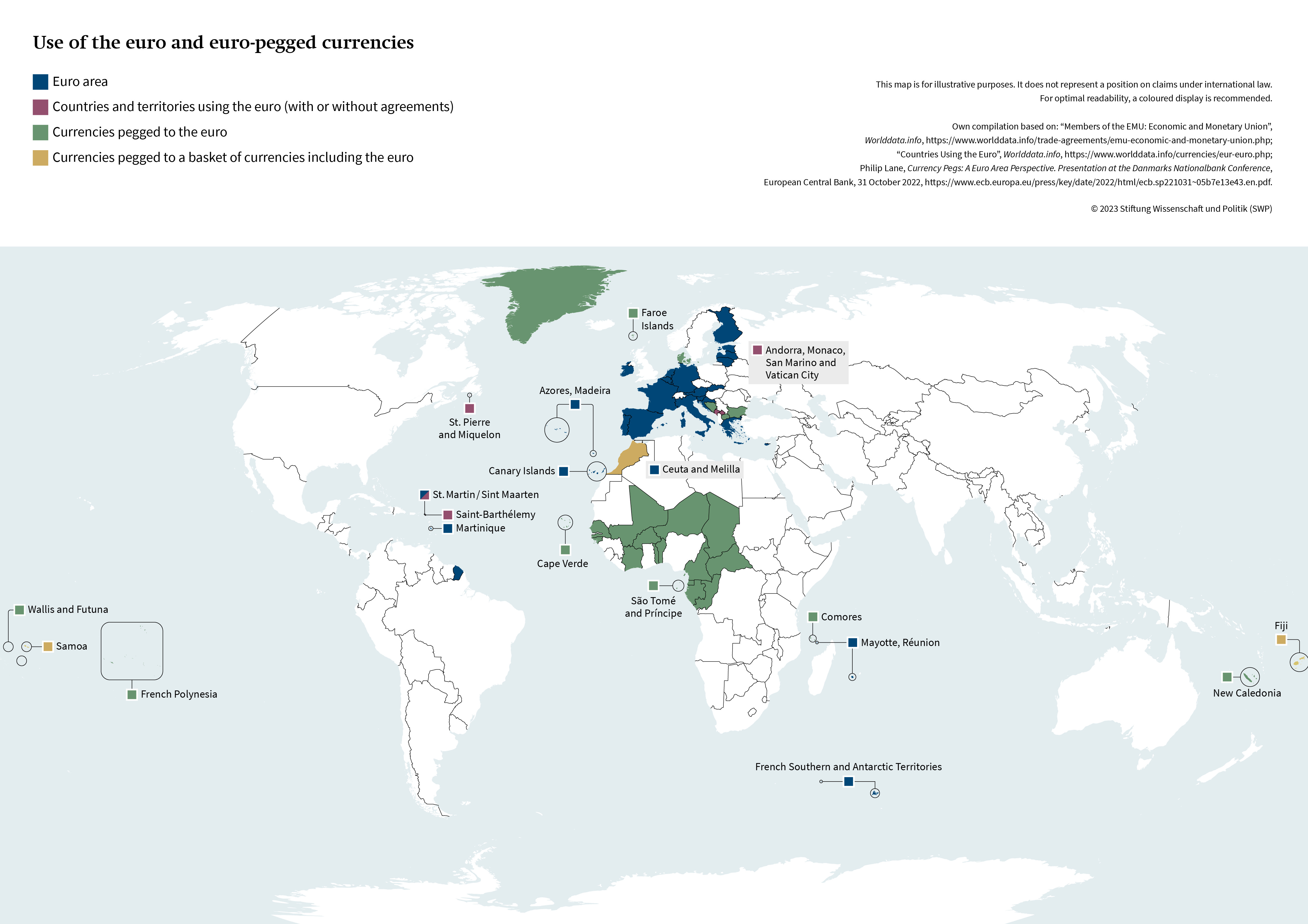 Map showing the use of Euro and Euro-pegged currencies globally, highlighting Eurozone countries and CFA Franc zone.