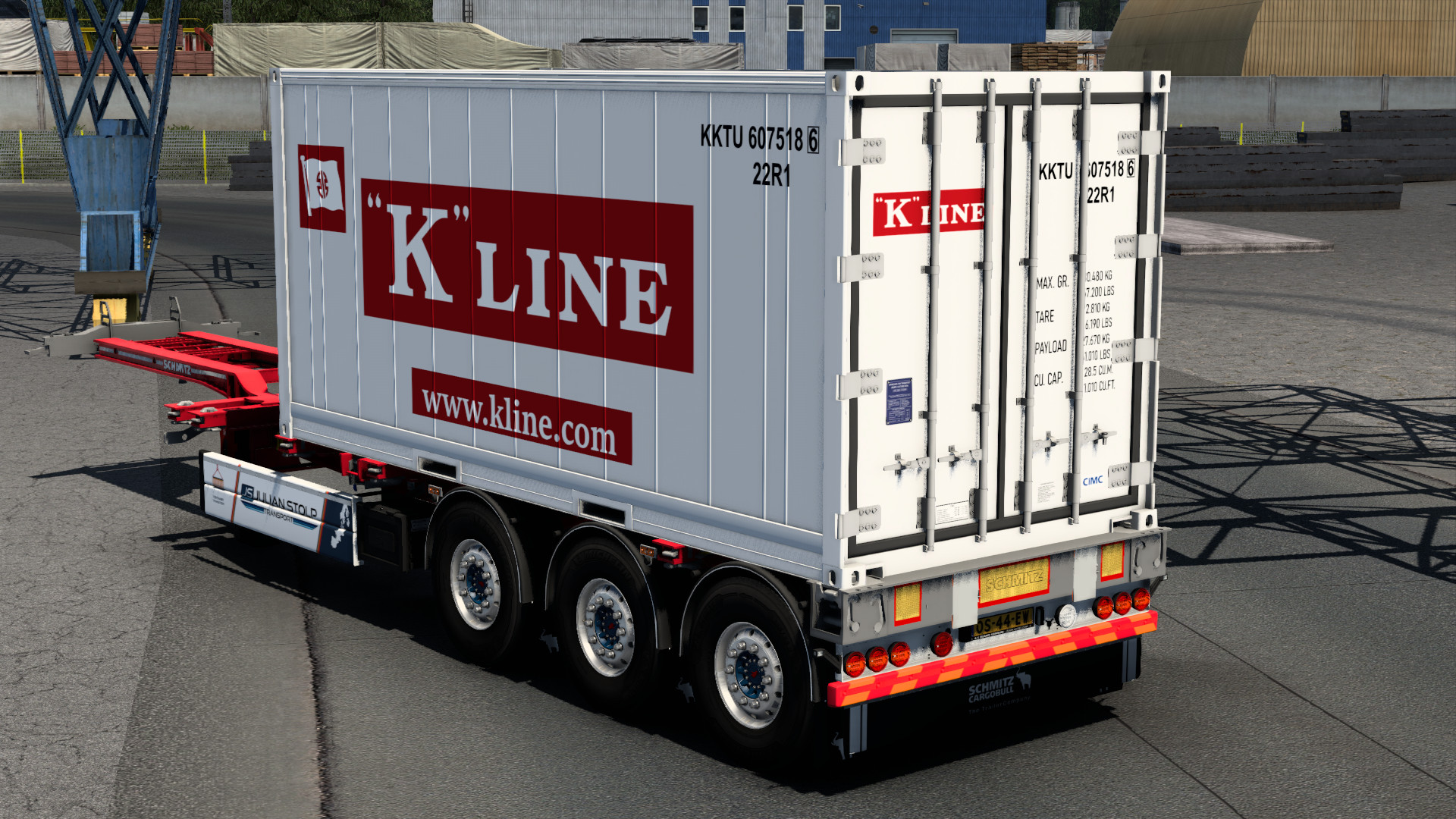 Schmitz Cargobull S.CF45 Euro container chassis mod in Euro Truck Simulator 2, showcasing realistic trailer for efficient container transport.