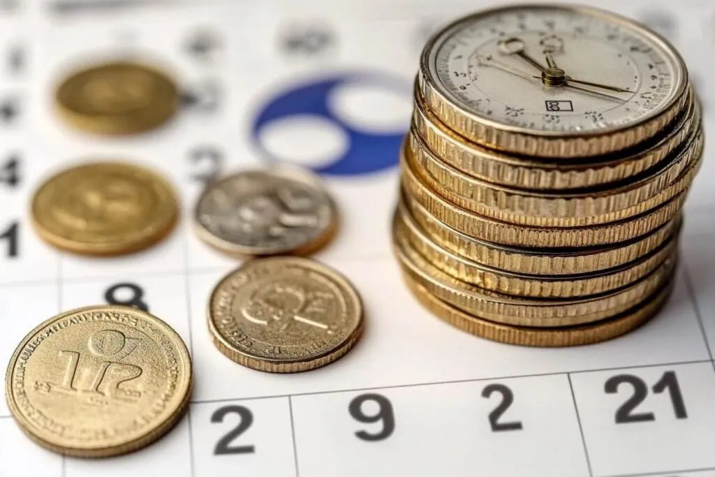 Visual representation of the history of Germany's minimum wage increases over time, with coins and a calendar to symbolize financial growth and timelines.