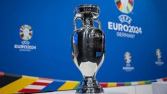 The Henri Delaunay Trophy, awarded to the winner of the Euro 2024 tournament, symbolizing European football championship glory.