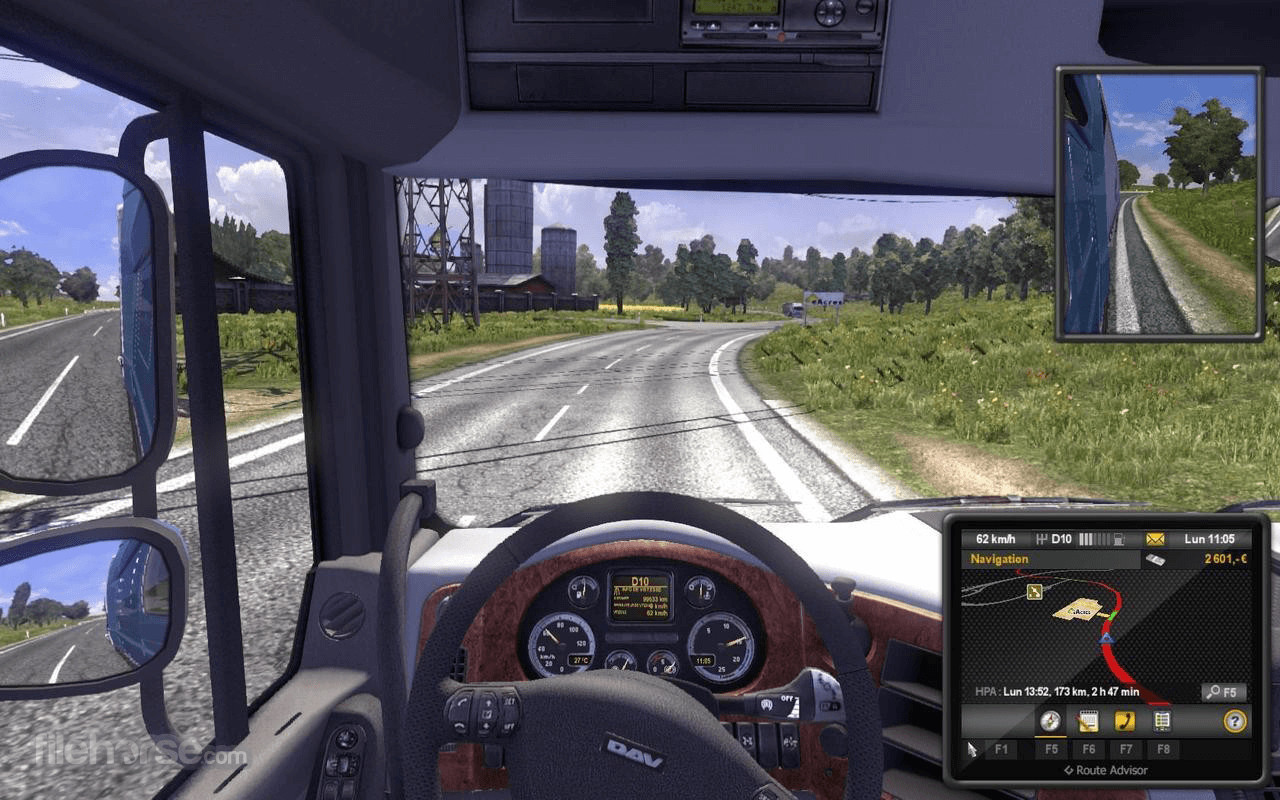 Navigating European roads in Euro Truck Simulator 2, showcasing the game's detailed environment and user interface