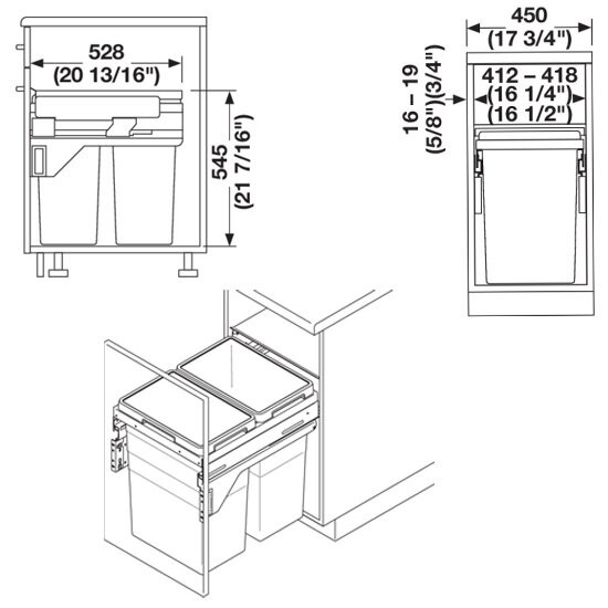 Detailed product specifications for the Hafele Hailo Euro Cargo 45 Double Waste Bin, highlighting dimensions, capacity, and installation requirements for optimal kitchen cabinet integration and space utilization.