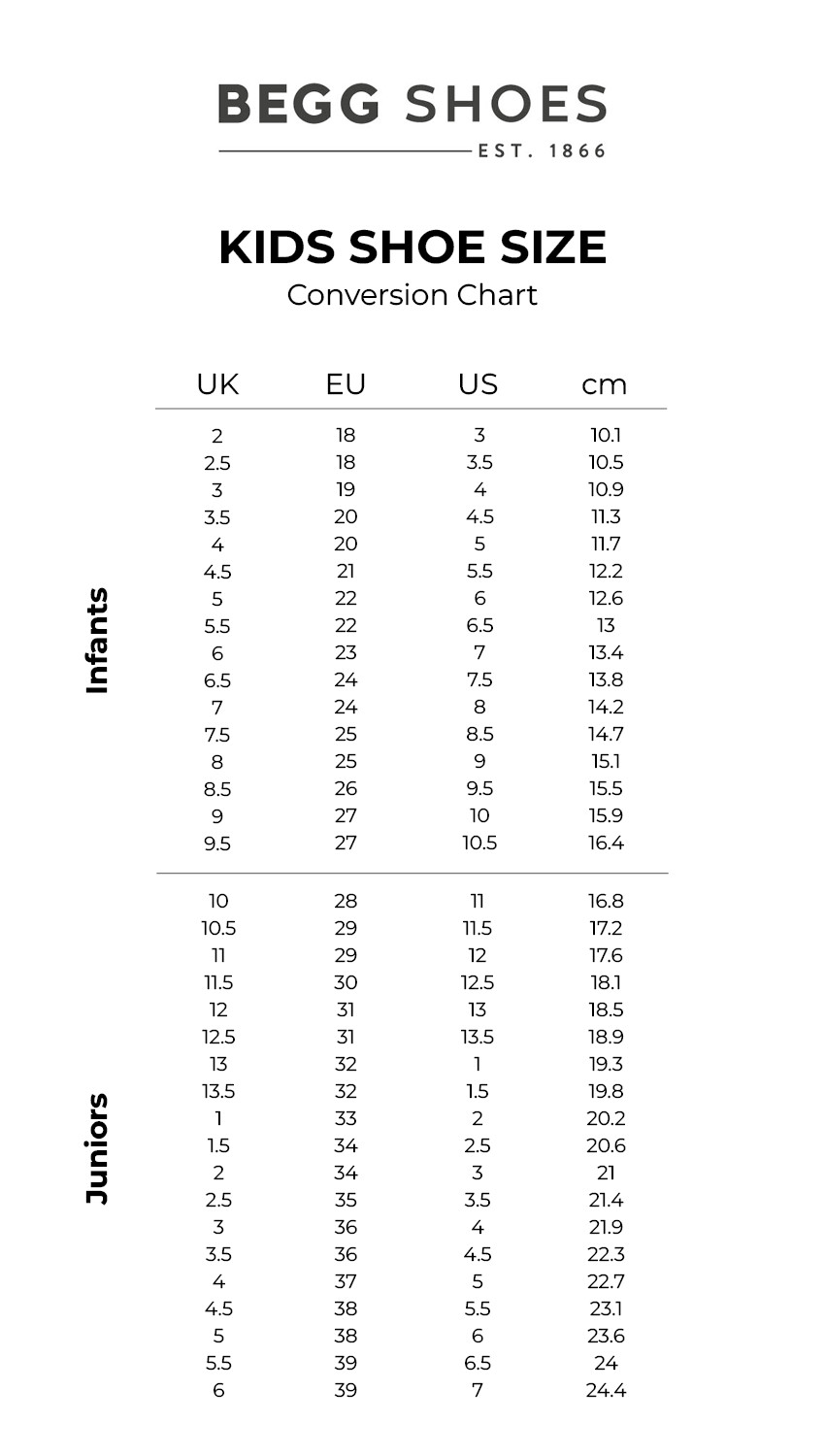 Kids Shoe Size Conversion Chart displaying Euro to US Sizes