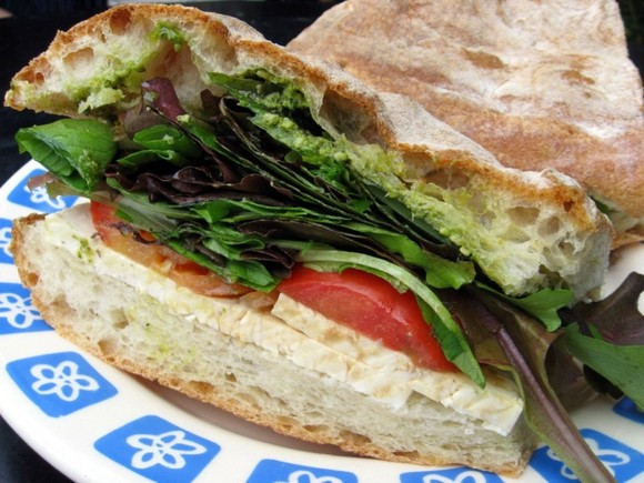 Tomato and feta sandwich with basil pesto on ciabatta at Euro Pane Bakery