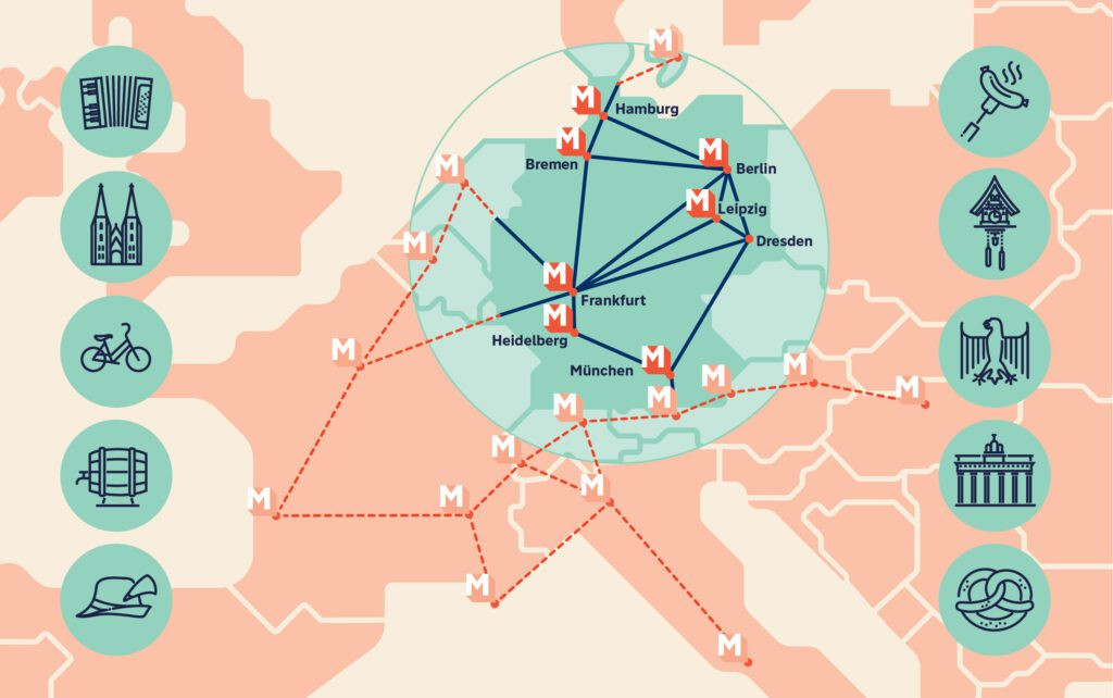 Map of MEININGER hotel cities accessible with the 58-euro ticket