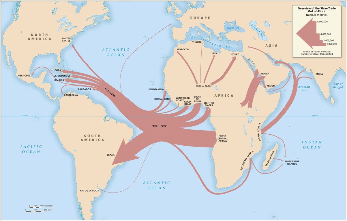 Historical map depicting the routes of the transatlantic slave trade from Africa to the Americas between 1500 and 1900, highlighting the forced migration of approximately 15 million enslaved Africans.