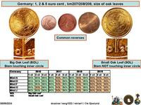 alt text: Comparison of two 1 centime euro coins showing the difference in the size of the oak leaves on the obverse side.