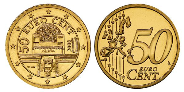 alt text: Austrian 50 Euro Cent Coin featuring the Belvedere Palace gates.